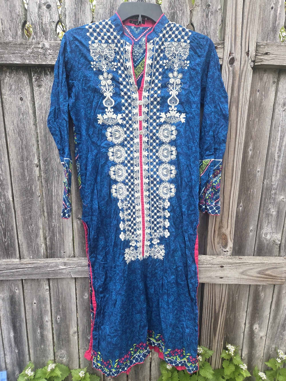 J Pretwear Blue Embroidered Tunic Dress with Pink Accents